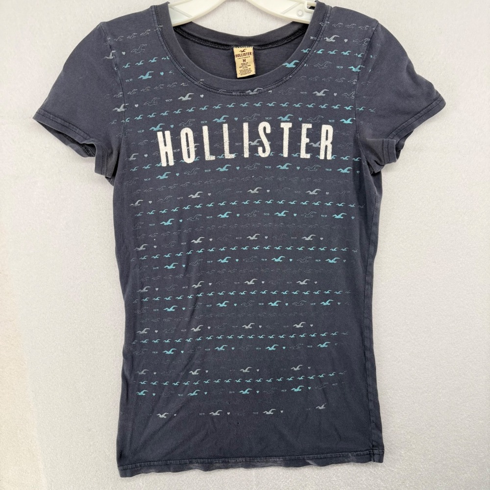 Hollister Womens Graphic Tee Shirt Medium Blue Seagull Logo Short Sleeve Y2K